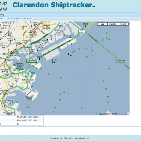 A screenshot of the Shiptracker Java EE Software with a map of Tokyo in the center